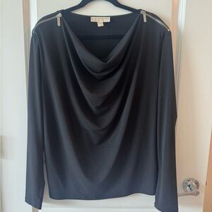 Michael Kors Drape Neck Shoulder Zipper Long Sleeve Top Black SZ L